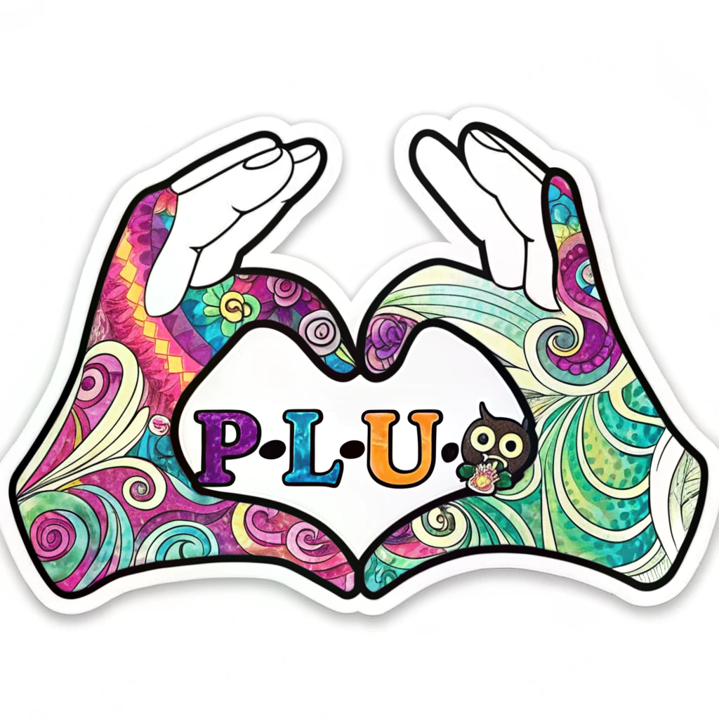 Outline of heart hands, filled with a psychedelic, swirling pattern of EDC's signature colors. The letters P-L-U-R are subtly integrated into the swirls or along the outline of the hands. A small, iconic EDC owl peeks from behind the hands.