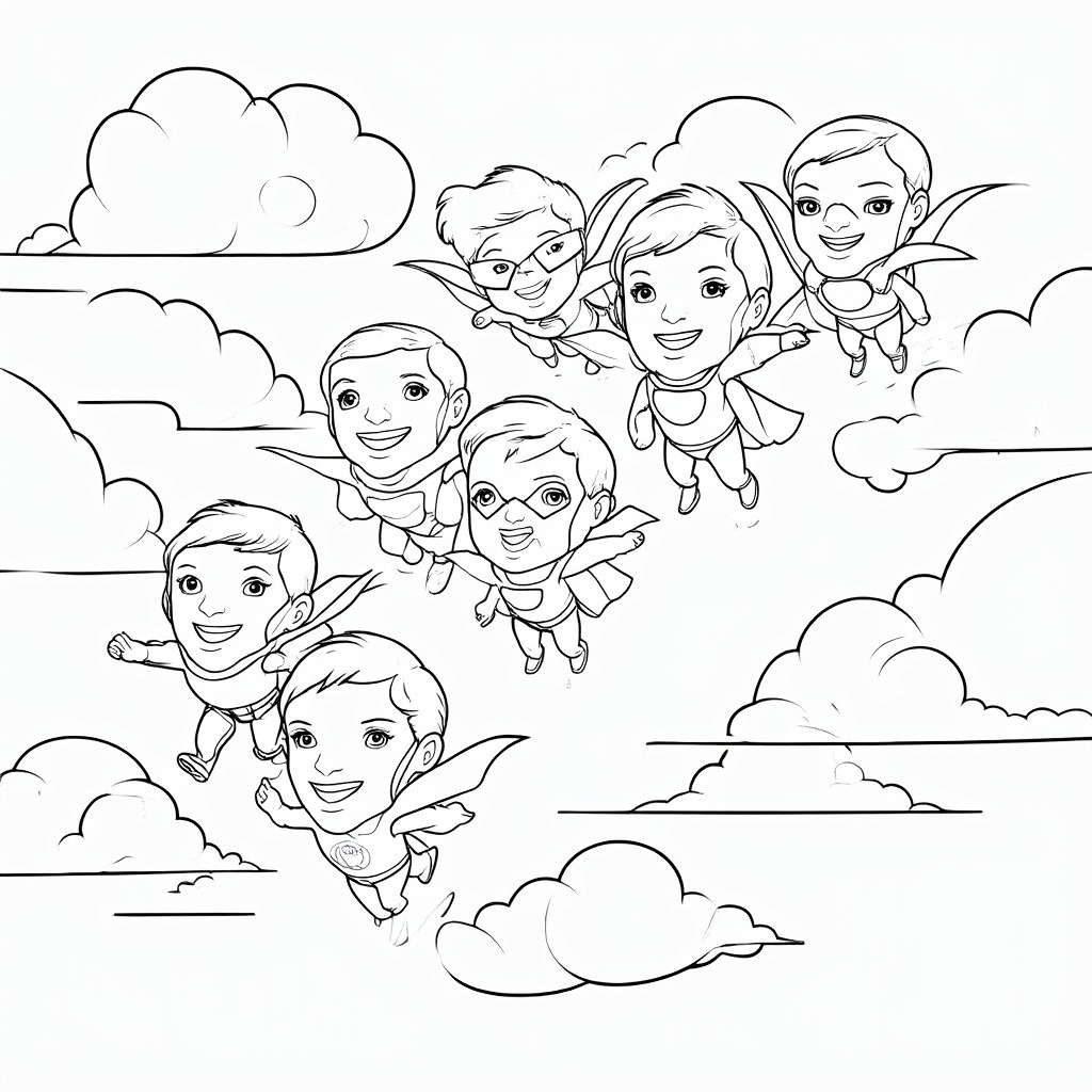 Superhero Team Flight: Multiple smaller superhero figures flying in a loose formation amongst the clouds, showcasing different simple flight poses.