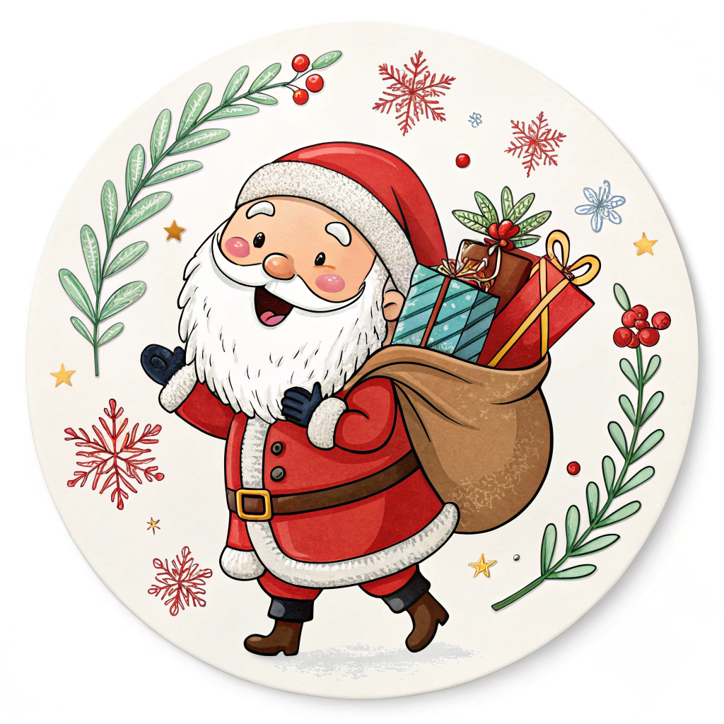 The image shows a cartoon Santa Claus carrying a bag of presents on his back, surrounded by a white background. He is wearing a traditional red and white suit with a black belt and boots, and a white beard and moustache. He has a jolly expression on his face, and is holding a set of four Christmas coasters in his hands.