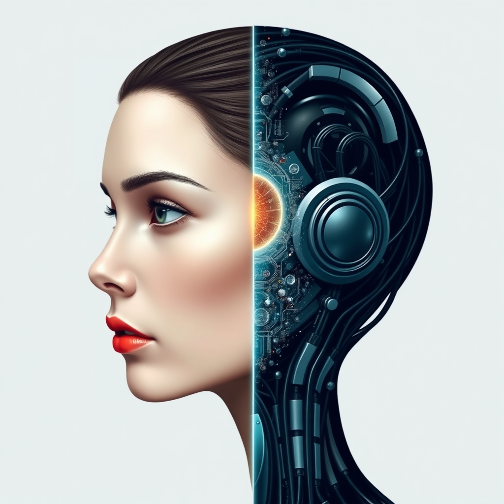 Sub-Design 3: Shared Profile. A single profile view where one half is distinctly human (e.g., smooth skin texture, natural eye) and the other half is clearly robotic (e.g., metallic sheen, visible circuitry). The dividing line is dynamic, perhaps like a wave or merging particles.