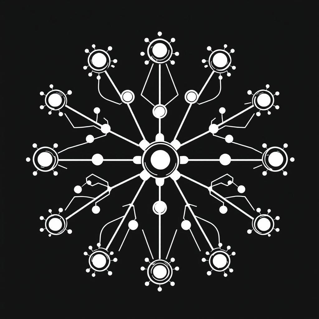 Central node branching into progressively complex forms, symbolizing network growth and learning.
