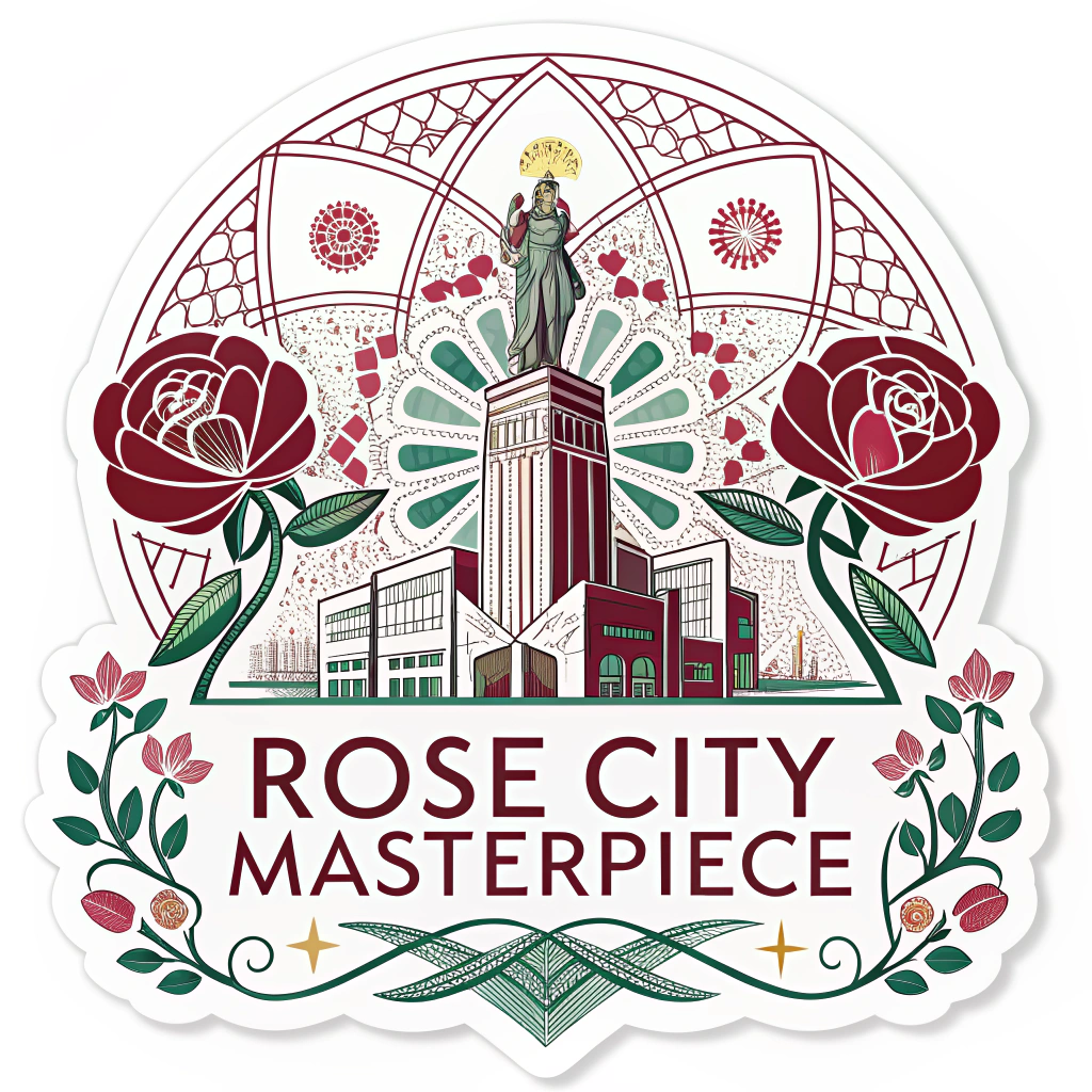 A stylized, art deco-inspired design focusing on the geometric patterns and symmetry of a prize-winning float, using a limited color palette of rose reds, pinks, and greens. Text: 'Rose City Masterpiece'.
