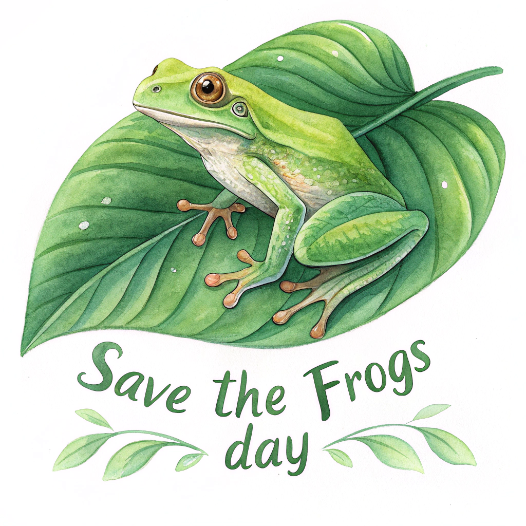 A vibrant green tree frog, rendered in soft watercolor washes, sitting peacefully on a broad, detailed hosta leaf. Add the text 'Save The Frogs Day' in a flowing, nature-inspired script font beneath the leaf.