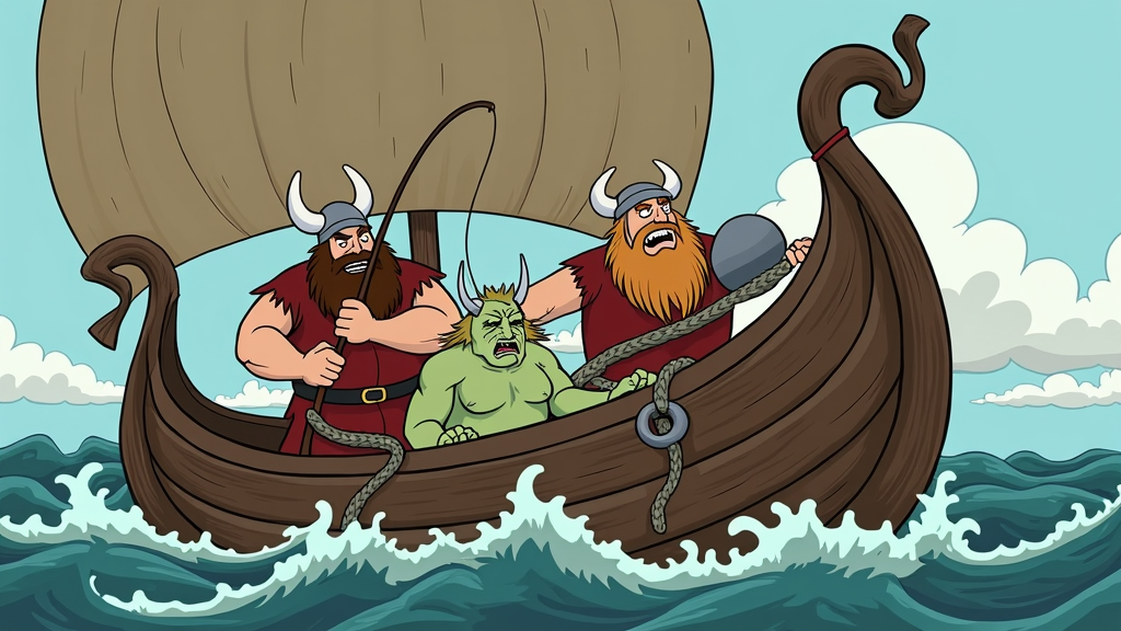 A Viking boat trip where the Vikings are having a chaotic time, like one Viking is trying to fish with his helmet, another is tangled in rope, and another is seasick with a green face, all on a boat with a sail that's full of holes.