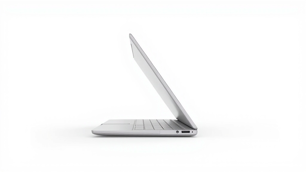 A side profile view of a ultra-thin laptop highlights its flat design. The metallic body is durable yet light, with vents subtly integrated along the hinge. The lid is slightly tilted, showcasing the slim form factor of this high-tech device.