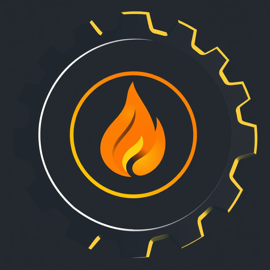 Sub-Design Idea 5 (Contained Flame Within): A robust gear silhouette encloses a more fluid, flame-like ignition symbol (rather than a sharp spark) within its central opening, symbolizing nurtured potential, sustained energy, and protective community.