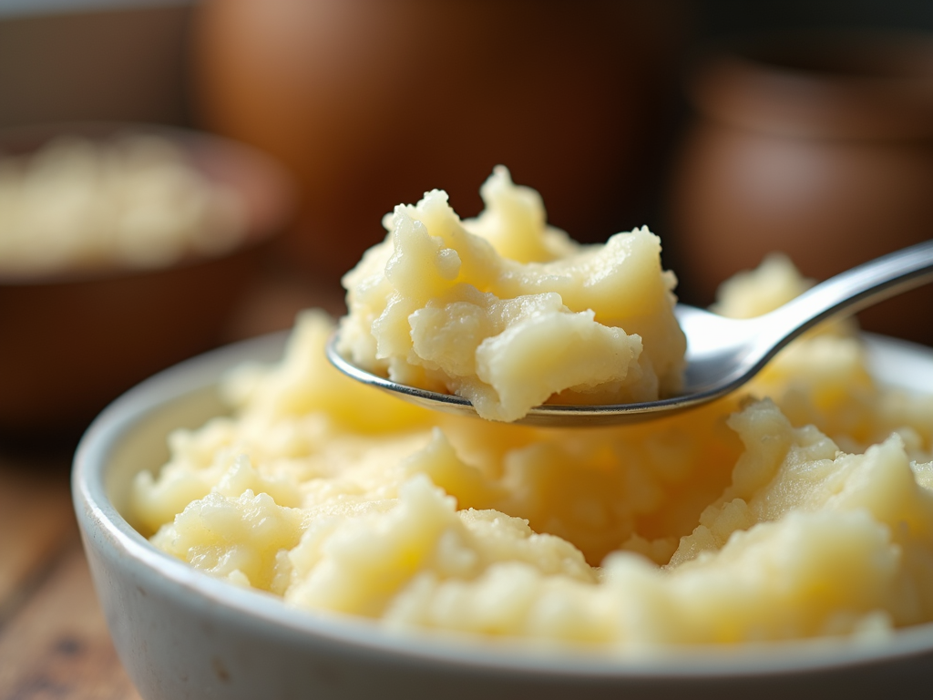 A serving of mashed potatoes being sampled by a spoon, emphasizing their creamy texture, against a rustic kitchen inspired backdrop.