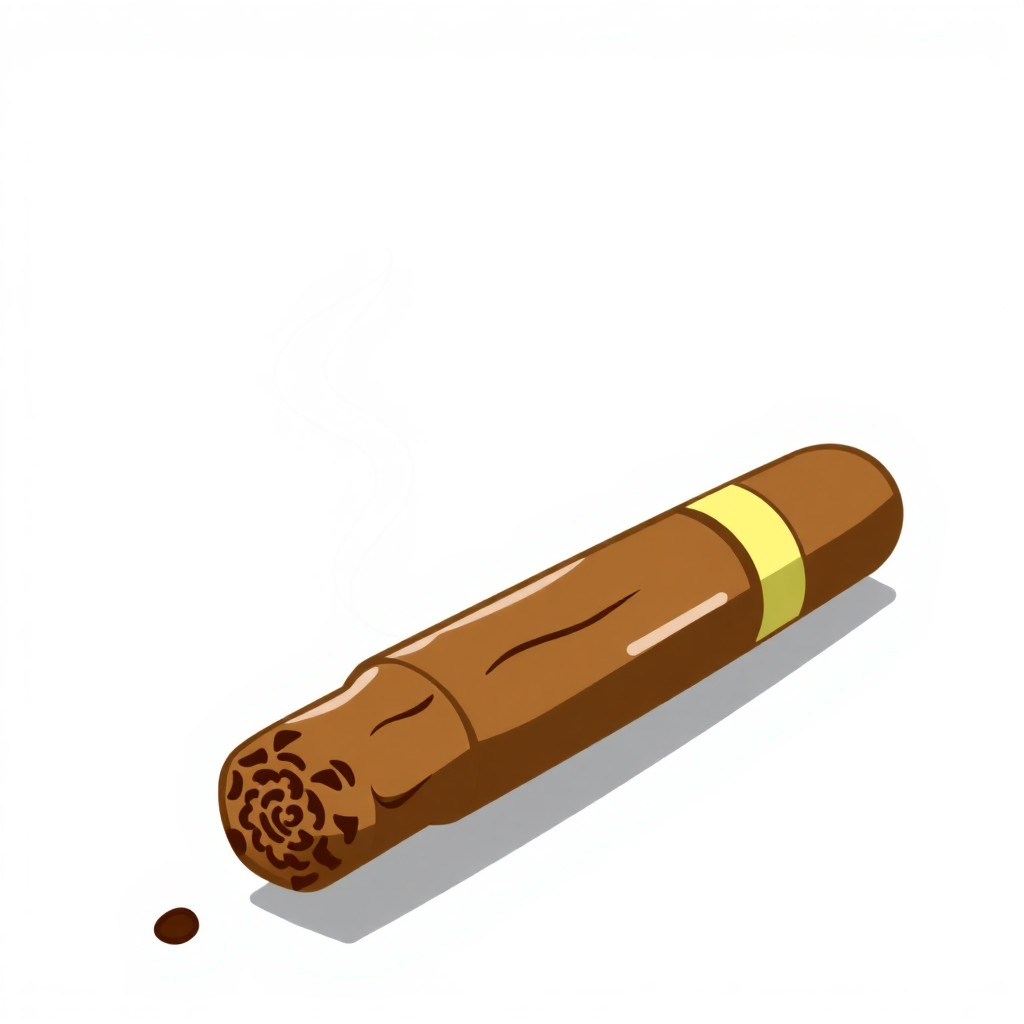 The image is an illustration of a cigar. The cigar is brown in color and has a cylindrical shape with a pointed end. It has a yellow stripe running along the top of the cigar and a small amount of smoke coming out of it. The smoke appears to be coming from the cigar, as there is a small droplet of smoke on the right side of the image. The background is white.