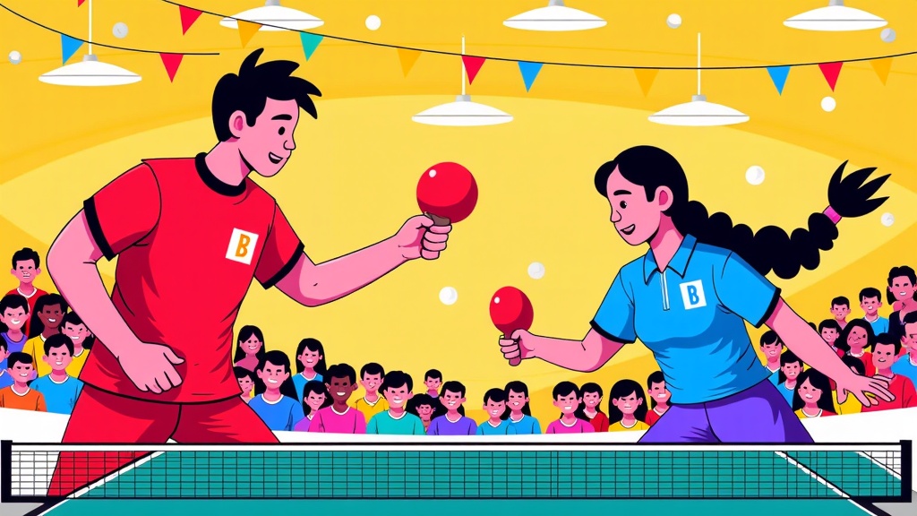  a man and a woman playing table tennis in a large room with a crowd of people watching. The man is wearing a red t-shirt with the letter B on it and is holding a red ping pong paddle in his right hand. The woman is also wearing a blue shirt and has her hair tied up in a ponytail. They are both holding red table tennis balls and are in the middle of a match. The room is decorated with colorful flags hanging from the ceiling and there is a net in front of them. The people in the crowd are sitting and watching the game intently. The overall atmosphere of the image is lively and energetic.