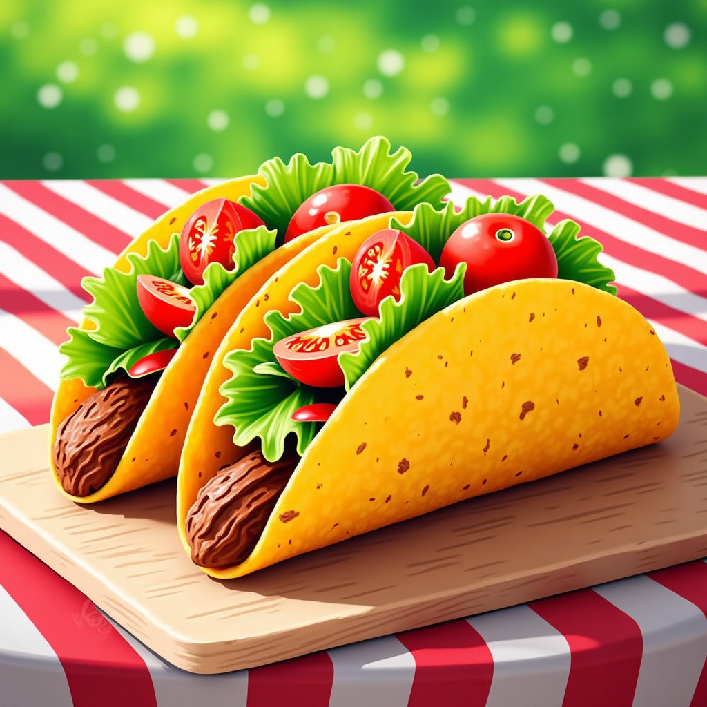  two tacos on a wooden cutting board. The tacos are yellow in color and appear to be freshly made. They are filled with lettuce, tomatoes, and ground beef. The cutting board is placed on a red and white striped tablecloth. The background is blurred, but it appears to be an outdoor setting with green grass and trees. The overall color scheme of the image is bright and vibrant.