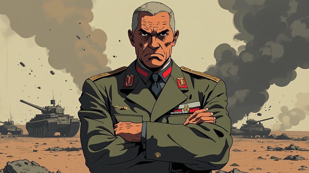 The image is an illustration of a man in a military uniform standing in a desert-like environment with his arms crossed. He appears to be angry or frustrated, with a serious expression on his face. Behind him, there are several tanks and smoke rising from the ground, suggesting that he is in the midst of a battle. The man is wearing a green military uniform with red and gold insignia on his chest and sleeves. The background is a barren landscape with rocks and debris scattered around. The overall mood of the image is tense and ominous.