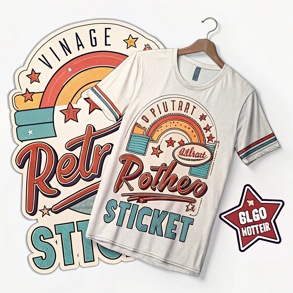  a white t-shirt hanging on a wooden hanger against a white background. On the left side of the image, there is a circular sticker with the words Vintage Retro Sticker written in a retro-style font. The sticker also has a colorful design with a rainbow, stars, and a banner that reads Pitcairn Rothers Sticker. On the right side, there are two smaller stickers with the same text and design. The t-shirts are white with red and blue stripes on the sleeves. The overall style of the design is vintage and retro.