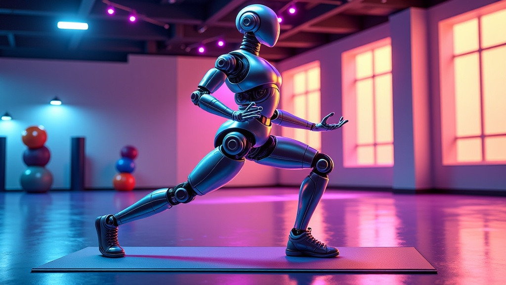  a robot in a dance studio. The robot is standing on a black mat and is in the middle of a dance move. It has a metallic body with a round head and two arms and legs. Its arms are stretched out to the sides and its legs are bent at the knees. The background of the image is a large room with large windows and colorful exercise balls scattered around. The room is dimly lit with purple and blue lights.