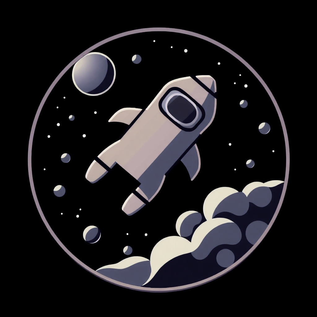 The image is an illustration of a rocket ship in outer space. The rocket is in the center of the image, with a black background and white clouds surrounding it. The outer space is filled with small white dots and planets, creating a circular pattern around the rocket. The ship appears to be in motion, with its nose pointing towards the right side of the frame. The overall style of the illustration is flat and minimalistic.