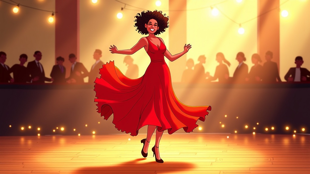  a young woman dancing on a stage. She is wearing a long red dress with a high neckline and long sleeves. Her hair is styled in an afro and she is wearing black high heels. The stage is decorated with string lights hanging from the ceiling and there are people sitting at tables in the background. The woman is in the center of the image, with her arms stretched out to the sides and a big smile on her face. She appears to be in the middle of a dance move.