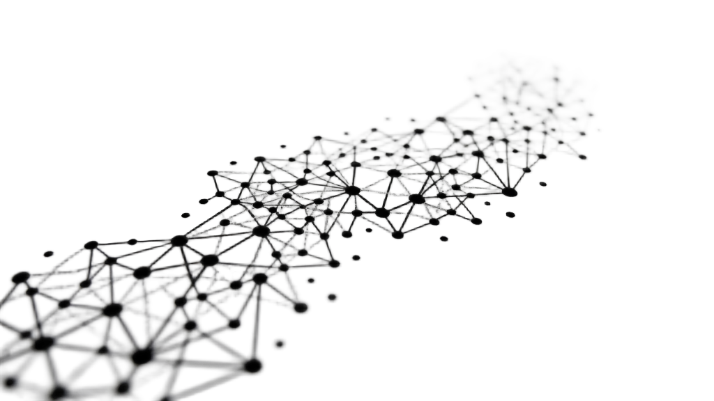 Geometric Neural Weave: A network of interconnected geometric nodes (dots, triangles, or other simple shapes) linked by clean lines, forming a flowing, almost organic stream. The density, an_d complexity of connections could vary along the stream to represent data processing, learning patterns, or AI thought processes.
