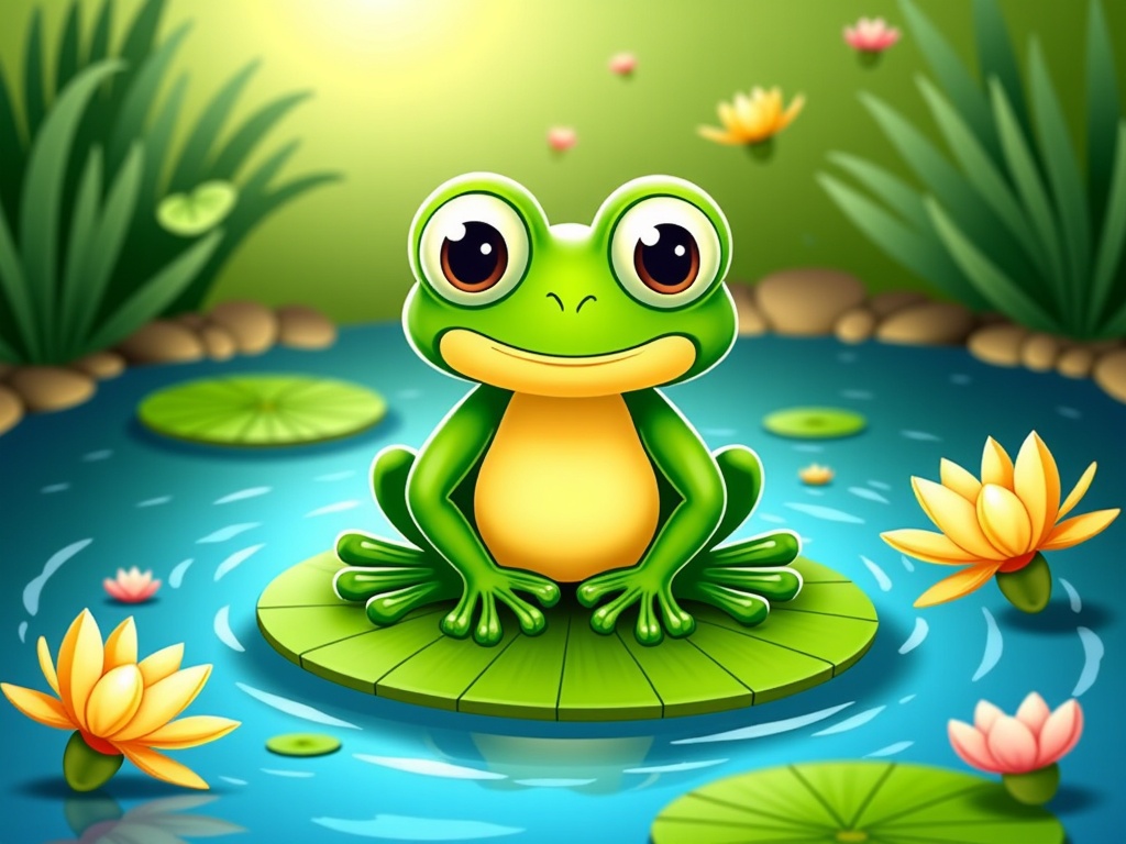 The image is a digital illustration of a green frog sitting on a lily pad in a pond. The frog is facing the camera and has big, round eyes and a big smile on its face. It is sitting on its hind legs with its front paws resting on the pad. The pond is filled with water lilies and there are pink and yellow lotus flowers floating on the surface. In the background, there are tall green plants and rocks. The overall mood of the image is peaceful and serene.