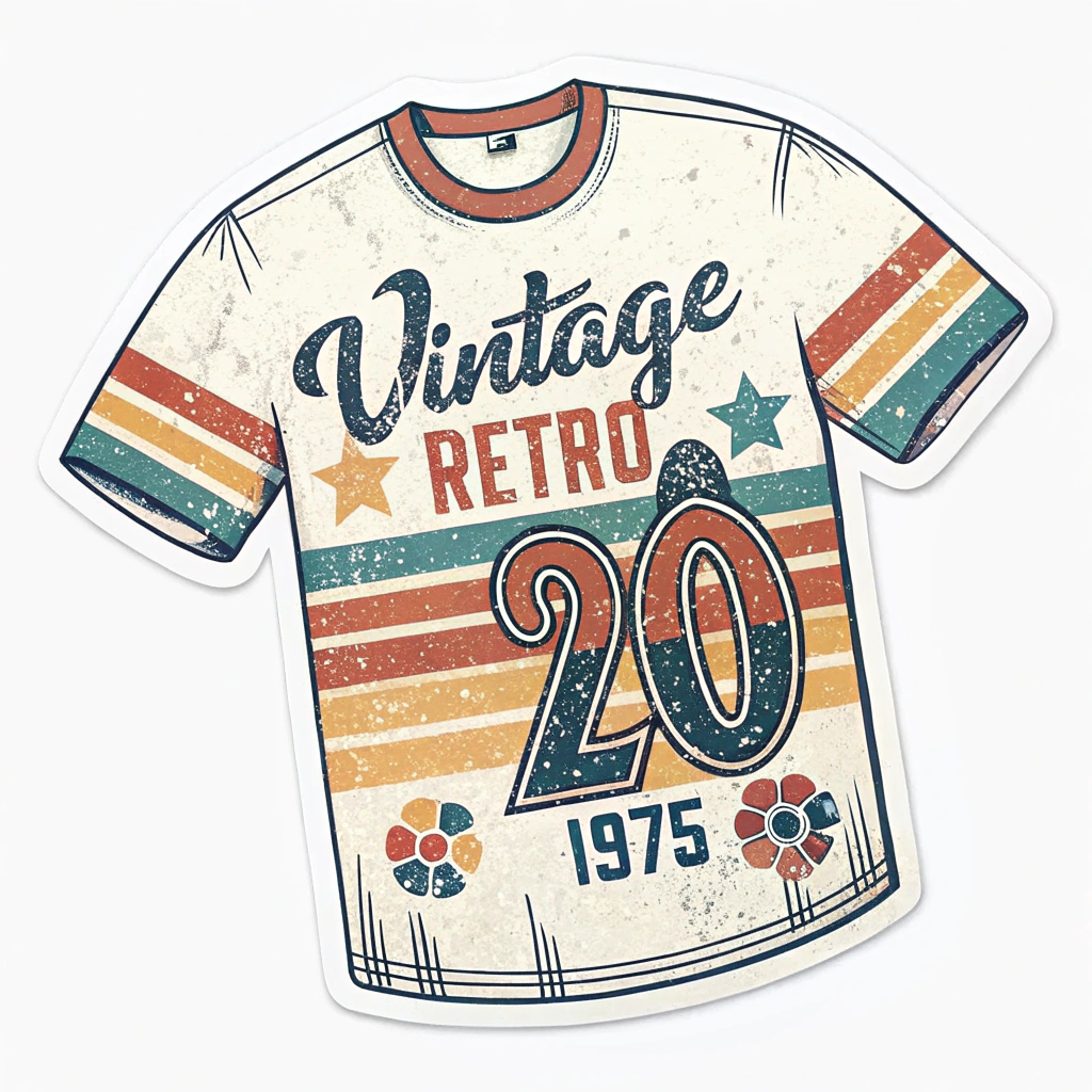 The image is a sticker of a vintage retro t-shirt design. The design is in the shape of a circle with a white background and a colorful striped pattern in shades of orange, blue, green, and yellow. The stripes are arranged in a diagonal line, with the word Vintage Retro written in a cursive font in the center. Below the word, there is a large number 20 in a larger font size, which is likely the year 1975. There are also two small flowers on either side of the number, adding a pop of color to the design.