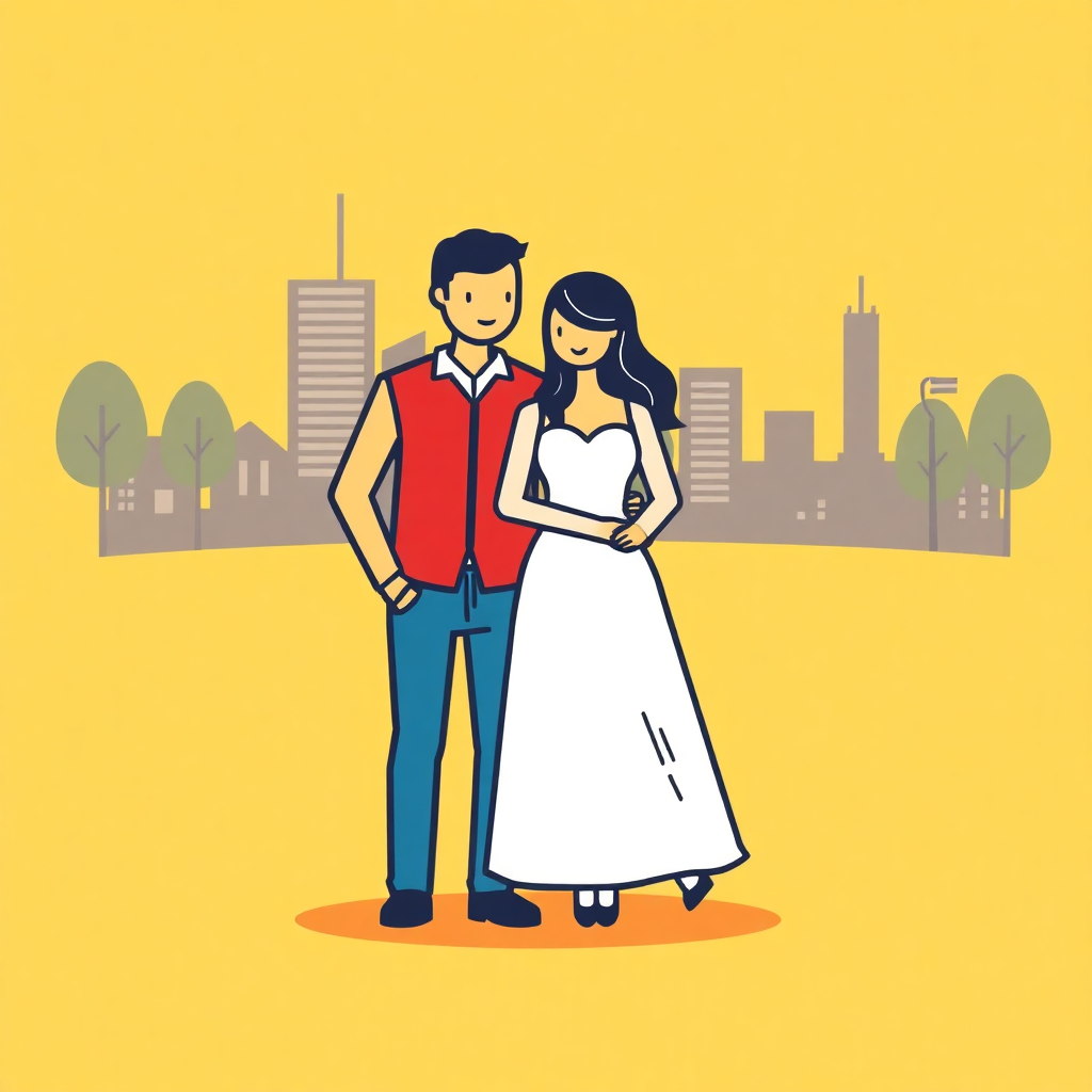 The image shows a cartoon of a bride and groom standing in front of a city skyline, with the bride wearing a white dress and the groom wearing a red shirt and blue pants. The background of the image is filled with trees and buildings.