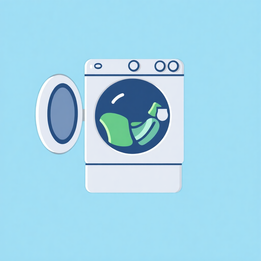 The image shows a white washing machine with a green leaf on top of it, set against a blue background.