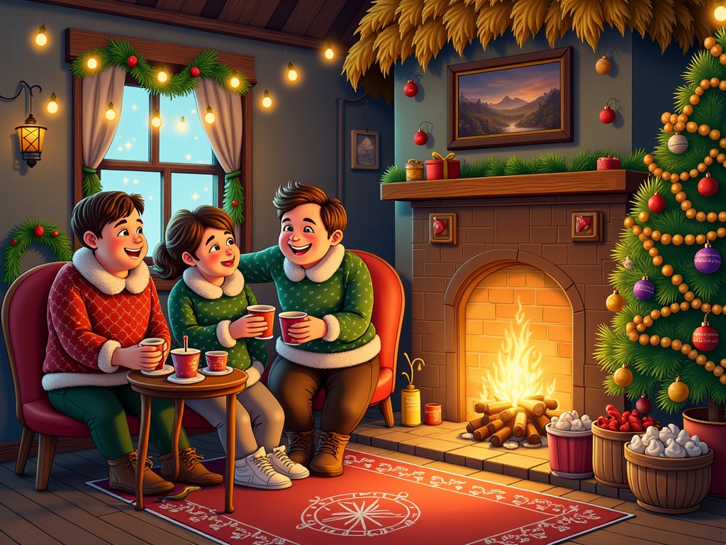  a family of four sitting around a fireplace in a cozy living room decorated for Christmas. The room has a thatched roof and a large Christmas tree on the right side of the image. The tree is decorated with colorful ornaments and lights, and there is a fireplace with a fire burning in front of it. On the left side, there are two children, a boy and a girl, sitting on red armchairs and holding red cups of coffee. They are all smiling and appear to be enjoying each other's company. The floor is covered with a red rug with a snowflake design, and the walls are painted in a light blue color. There is a window with white curtains and a wreath hanging on the wall. The overall atmosphere of the room is festive and cozy.