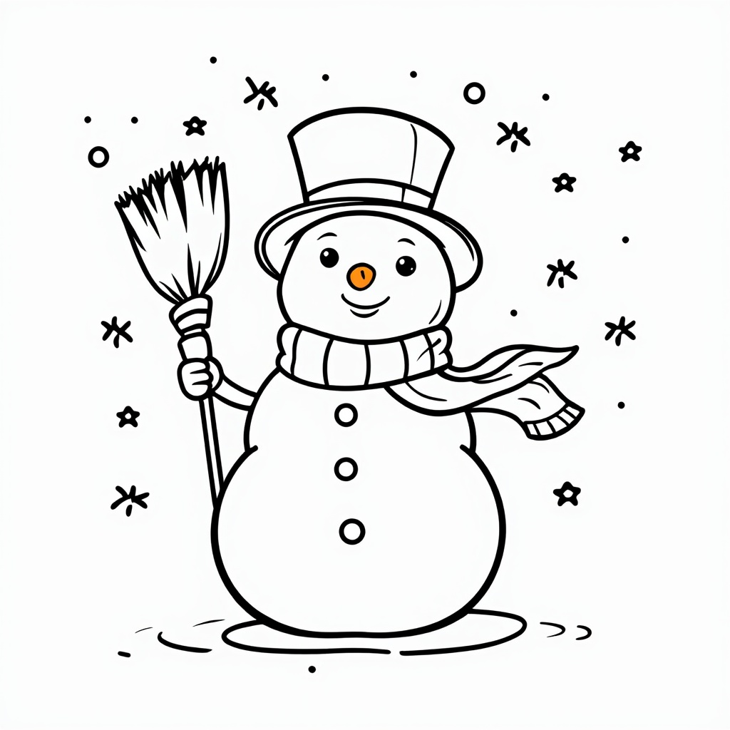 A happy snowman with a top hat, scarf, and carrot nose, holding a small broomstick with snowflakes falling around.