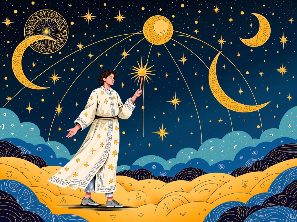 Celestial and Astrological Themes: Design textiles featuring intricate star charts, crescent moons, and constellations in rich blues, golds, and silvers. Costumes could include flowing robes for astronomers or mystics, adorned with these celestial patterns, perhaps with beads representing stars.