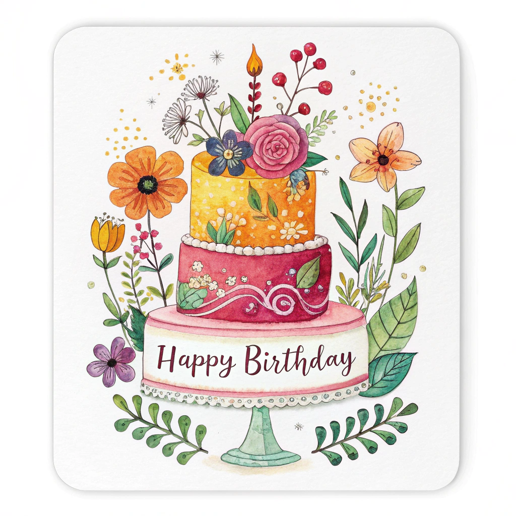 A square sticker showcasing an illustration of a birthday cake adorned with flowers, accompanied by the phrase 'Happy Birthday'.