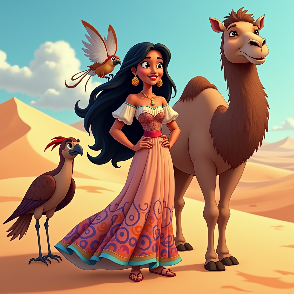 Noora could be accompanied by a talking falcon or a wise old camel, who would act as her guides.