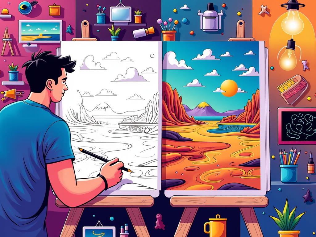An illustration showing a split view: on one side, a human artist sketching a basic concept (e.g., a landscape outline), and on the other, an AI interpreting and elaborating on this sketch with complex details, textures, and surreal elements, seamlessly blending into a cohesive artwork.