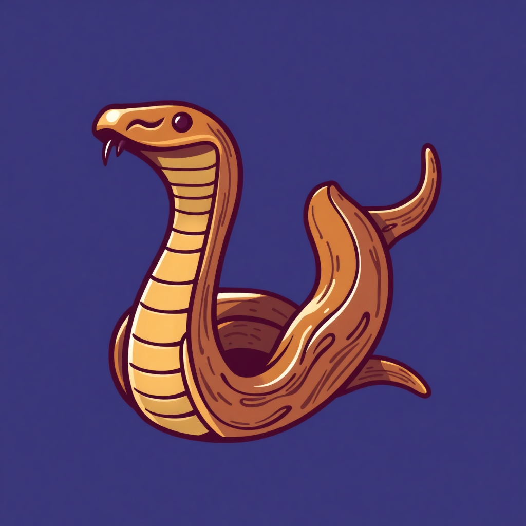 The image is a digital illustration of a cobra. The cobra is shown in a side view, with its body facing towards the left side of the image. Its head is turned slightly to the side, and its mouth is open, revealing sharp teeth. The body of the snake is elongated and curved, with a pointed end. The snake's skin is a light brown color, and it appears to be coiled up in a way that it looks like it is ready to strike. The background is a solid blue color.