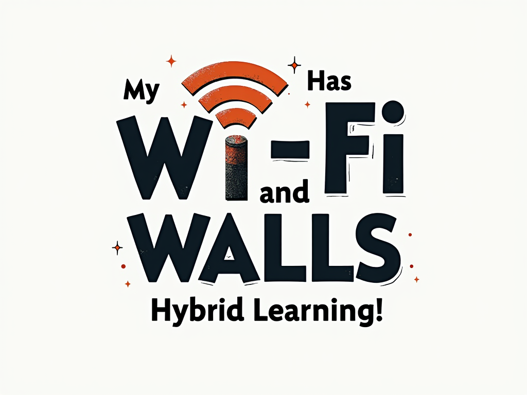 Connected Typography: The words 'Wi-Fi' and 'Walls' from the slogan are the primary visual elements, designed in contrasting but complementary styles (e.g., 'Wi-Fi' sleek and modern, 'Walls' solid and textured). Small iconic representations (signal waves for Wi-Fi, a simple building block for Walls) can be incorporated. The full slogan 'My Classroom Has Wi-Fi and Walls' is arranged artfully, with 'Hybrid Learning' as a header or footer.
