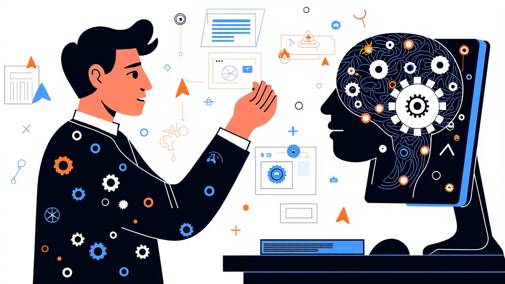 Sub-design Idea 3 ('Human-AI Collaboration Theme'): Focus on the synergy between developers and artificial intelligence, highlighting AI as a tool and partner. Iconography might blend human silhouettes with abstract AI patterns (e.g., neural networks), a hand interacting with a digital brain, or gears with a spark of intelligence. Spot illustrations could show a developer being assisted by an AI (e.g., code suggestions, AI analyzing data), or abstract visuals of human thought merging with machine processing, emphasizing a positive and empowering interaction.
