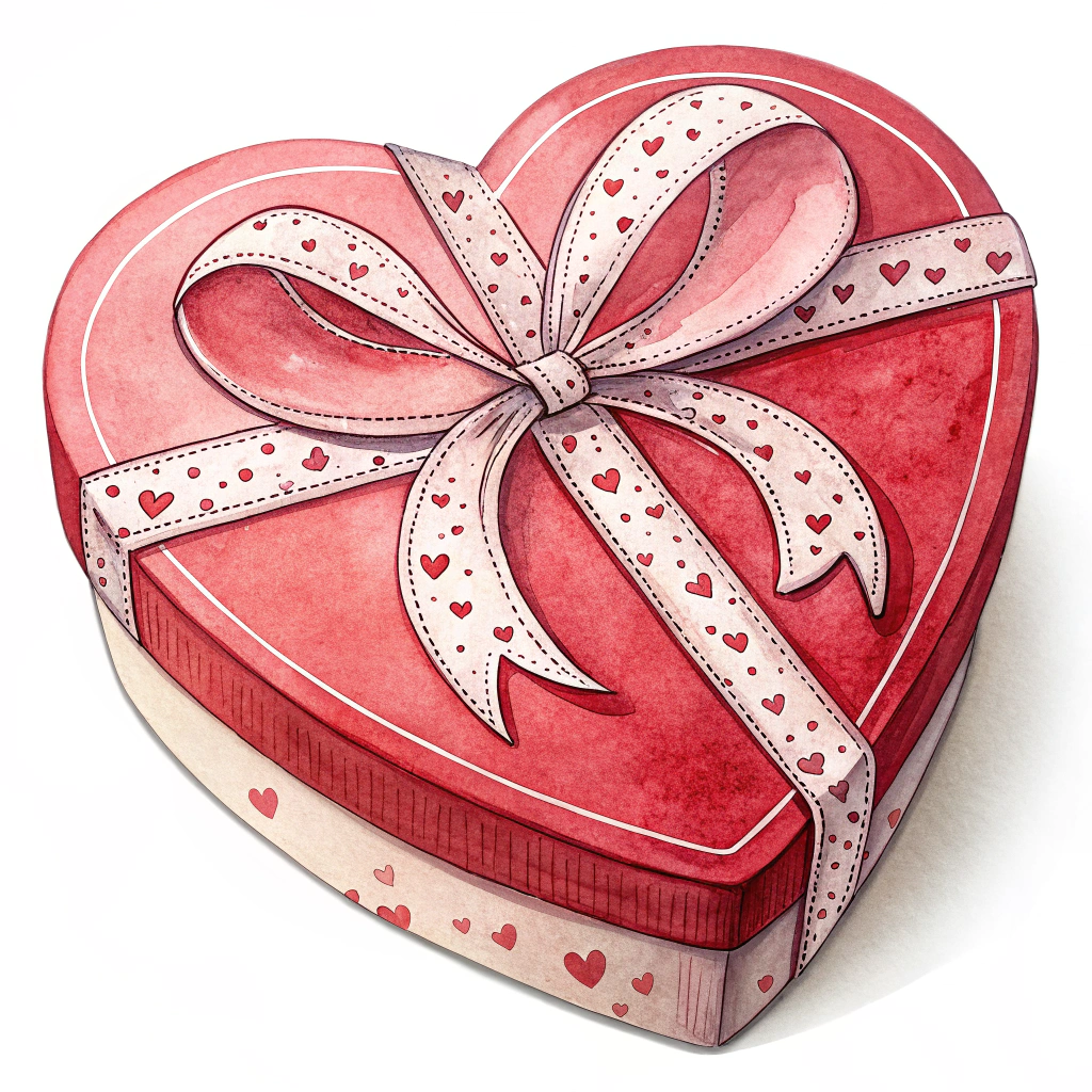 A sticker featuring a heart-shaped gift box with a ribbon.