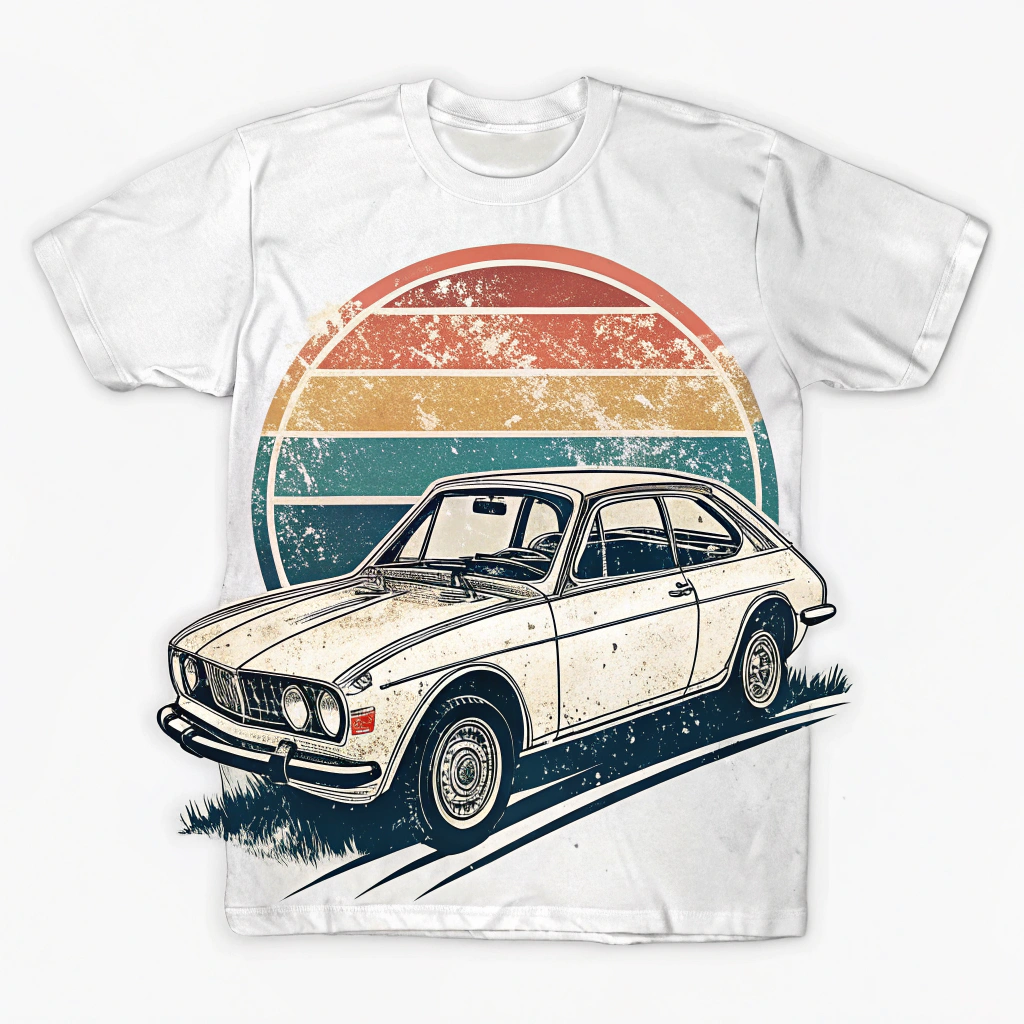 The image is of a white t-shirt with a graphic design on the front. The design features a vintage car with a retro design. The car is white with a black stripe running along the side and has a black grille and headlights. It is parked on a grassy field with a colorful sunset in the background. The colors of the sunset are orange, yellow, green, and blue, creating a gradient effect. The overall style of the design is vintage and retro.