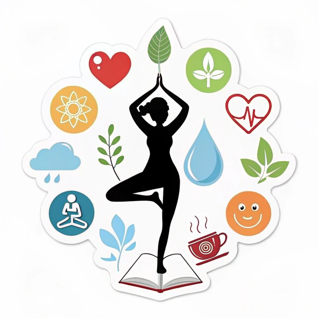 Silhouette of a woman surrounded by symbols of health (heart, leaf, water droplet) and well-being (smiling face, book, yoga pose).