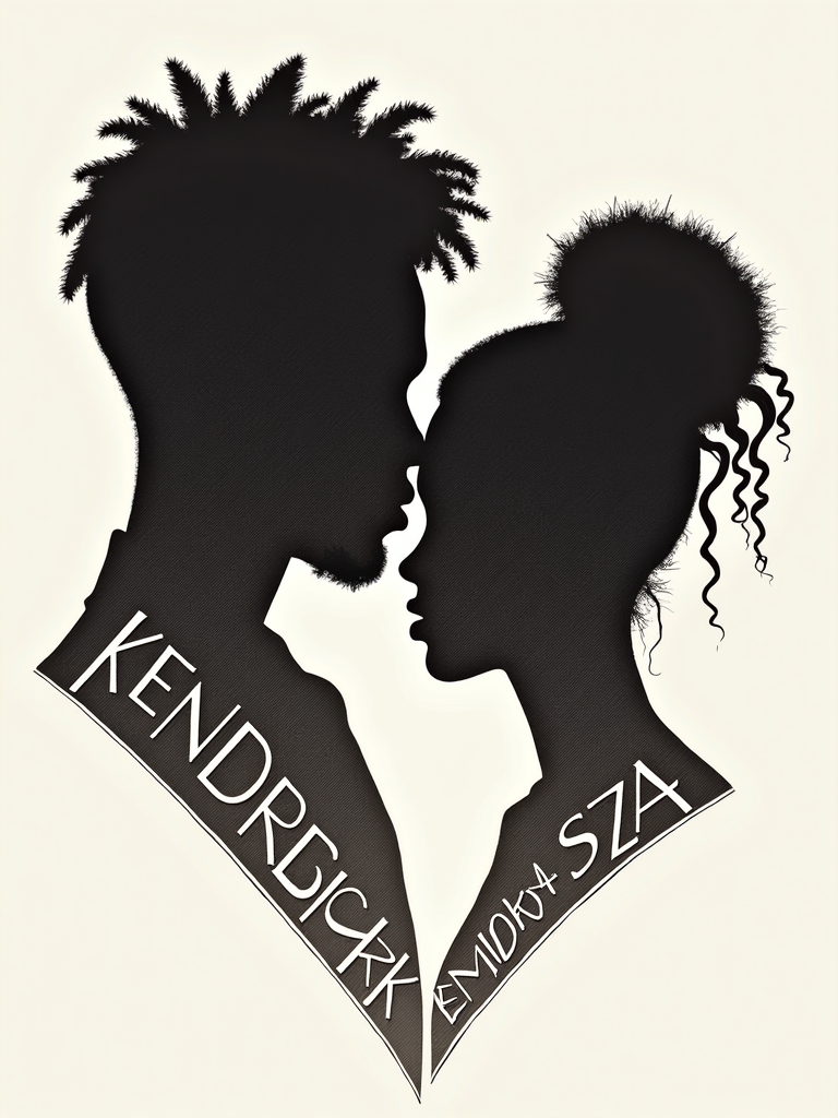 Intertwined Silhouettes - Unity Design: Silhouettes of Kendrick and SZA are artistically intertwined or overlapping, perhaps forming a single cohesive shape or a balanced composition. This could symbolize their collaborative energy. The silhouettes themselves could be filled with subtle patterns or textures representative of their music (e.g., Kendrick's with sharp, geometric lines; SZA's with soft, organic patterns). Event title could be typeset to curve with the design.