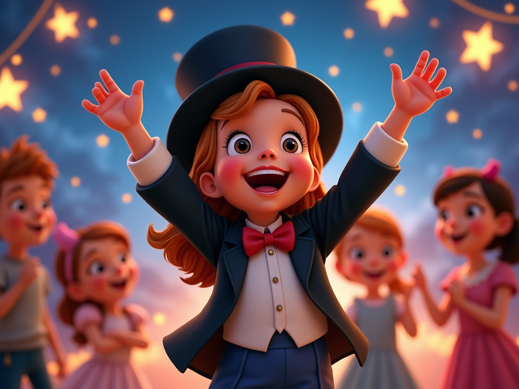 Under a starry sky with twinkling lights shaped like Monopoly tokens, a little girl dressed as Mr. Monopoly shares a laugh with her friends at a themed party. Her outfit includes a top hat and elegant shoe covers resembling Monopoly pieces, enhancing the event's charm and creating endless memories.