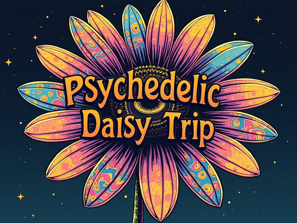 Psychedelic Daisy Bloom: A centrally featured, oversized daisy with individually patterned psychedelic petals (paisley, waves, eyes, fractals) and a hypnotic spiral center. The slogan 'Psychedelic Daisy Trip' is integrated in a wavy, retro font.
