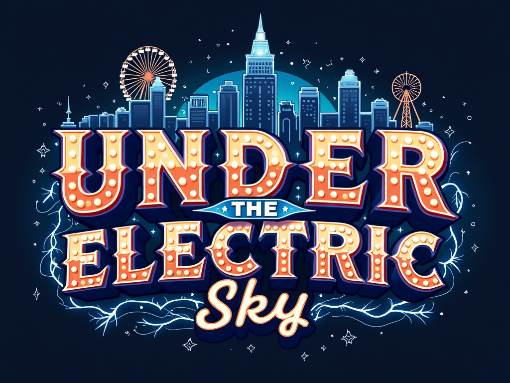 Art Deco Electric Skyline: 'Under the Electric Sky' in a bold, geometric Art Deco font, with an electrified outline or inner glow. The letters could be arranged to mimic a fantastical city skyline, with subtle carnival elements (e.g., Ferris wheel silhouette) integrated into the shapes or negative space.