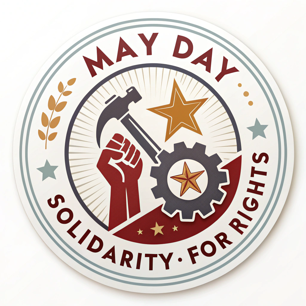 Simple Logo Idea for 'May Day Protest': A circular emblem combining a gear (representing labor/industry) with an upward-pointing arrow or a star (representing progress/hope/workers). The text 'May Day: Solidarity for Rights' could encircle this central motif.
