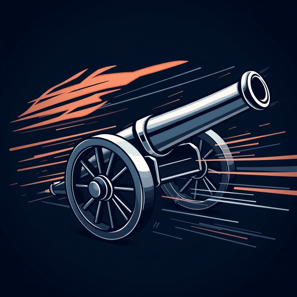 A cannon rendered with motion lines or abstract energy flows, emphasizing speed, power, and continuous forward 'Dynamic Evolution'.