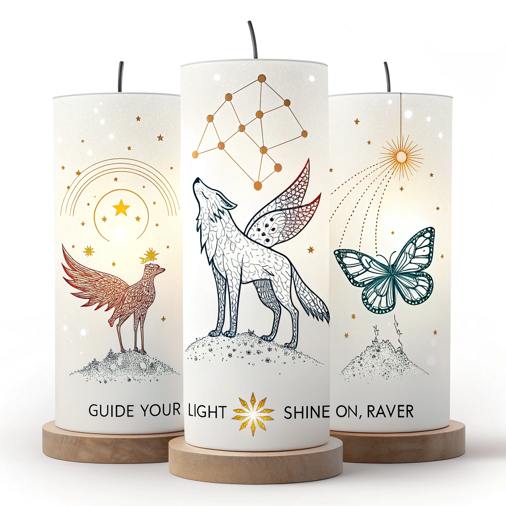 Glow-in-the-Dark Constellation Totems: Stickers depicting minimalist animal totems (e.g., wolf, phoenix, butterfly) formed by connecting glow-in-the-dark 'stars' or dots, like constellations. Each totem could have a short, inspiring saying below it like 'Guide Your Light' or 'Shine On, Raver.'
