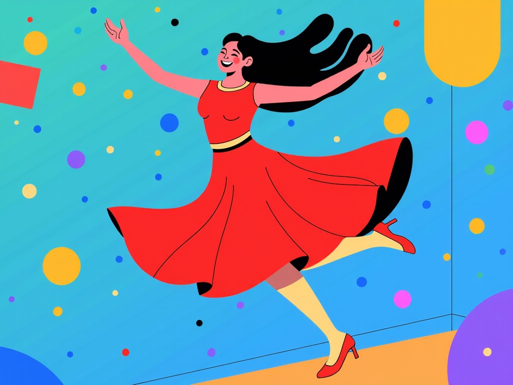 The image is an illustration of a young woman in a red dress and red high heels. She is in mid-air, with her arms stretched out to the sides and a big smile on her face. Her long black hair is flowing in the wind and she appears to be dancing. The background is a bright blue with colorful polka dots scattered throughout. On the left side of the image, there is a red flag, and on the right side, there are two yellow balloons. The overall style of the illustration is cartoon-like and playful.