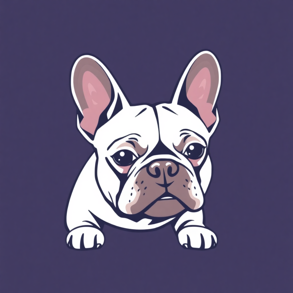 The image is a digital illustration of a French Bulldog. The dog is shown in a side view, with its body facing towards the left side of the image. It has a round head with large, pointed ears and a small nose. Its eyes are large and round, and its mouth is slightly open, as if it is looking directly at the viewer. The background is a solid purple color. The overall style of the illustration is simple and cartoon-like.