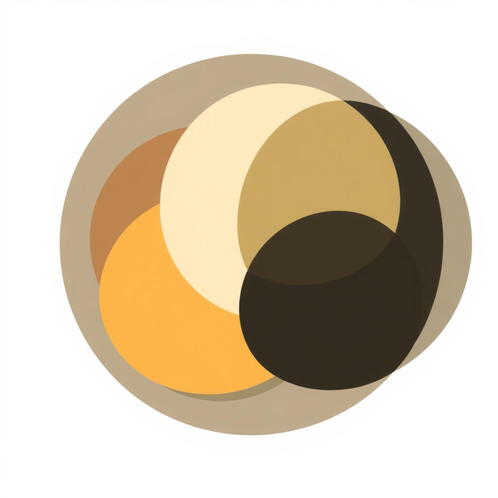 Dynamic Balance Forms: A composition of overlapping, abstract geometric shapes (e.g., circles, multifaceted polygons) of varying opacities and sizes. The arrangement achieves asymmetrical balance, with negative space cleverly hinting at design tools or the earth.