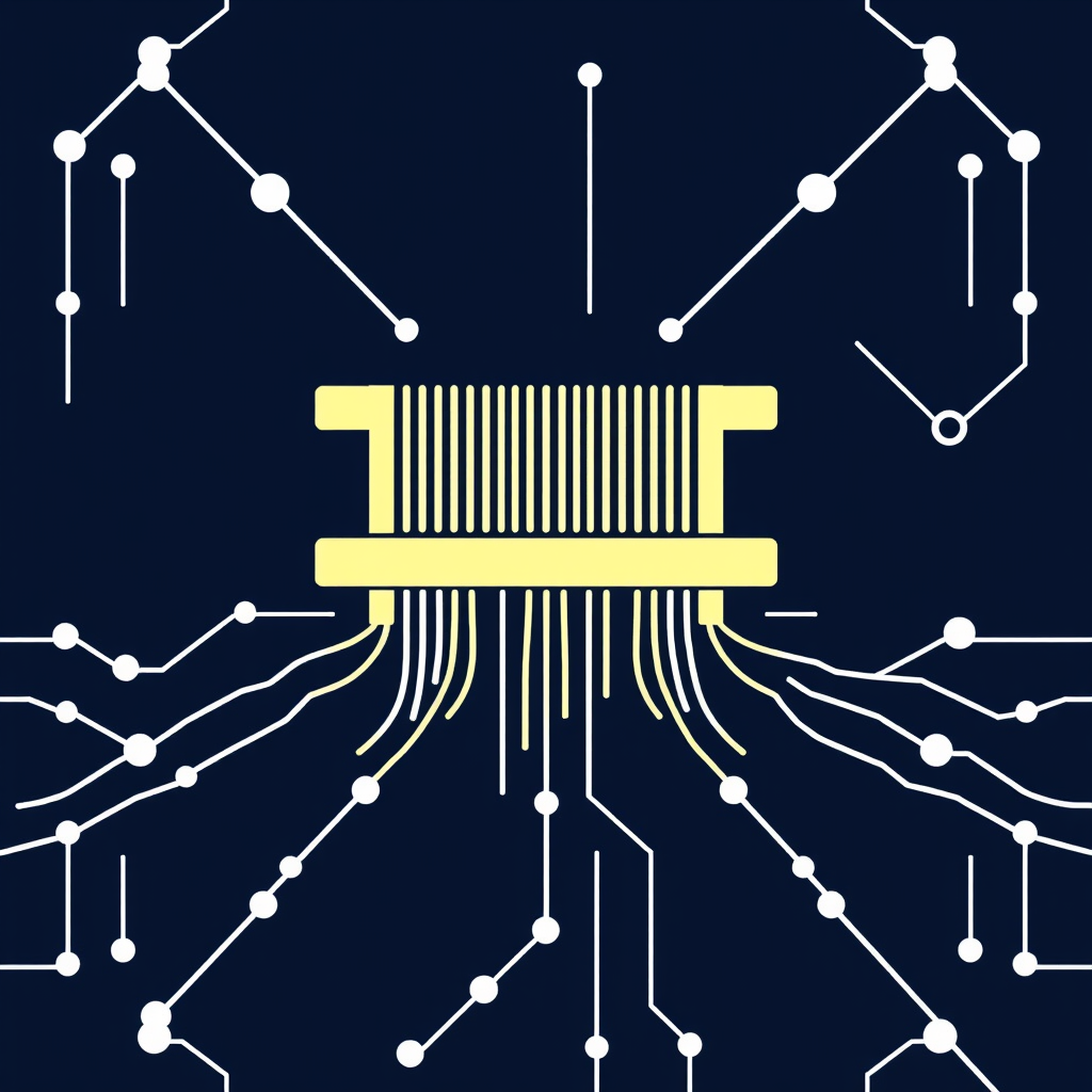 Digital Weaver: Interconnected lines forming a digital 'loom' or 'weaver' pattern, with threads transforming into recognizable content symbols (e.g., text snippets, image outlines, soundwaves), symbolizing AI weaving content from data.