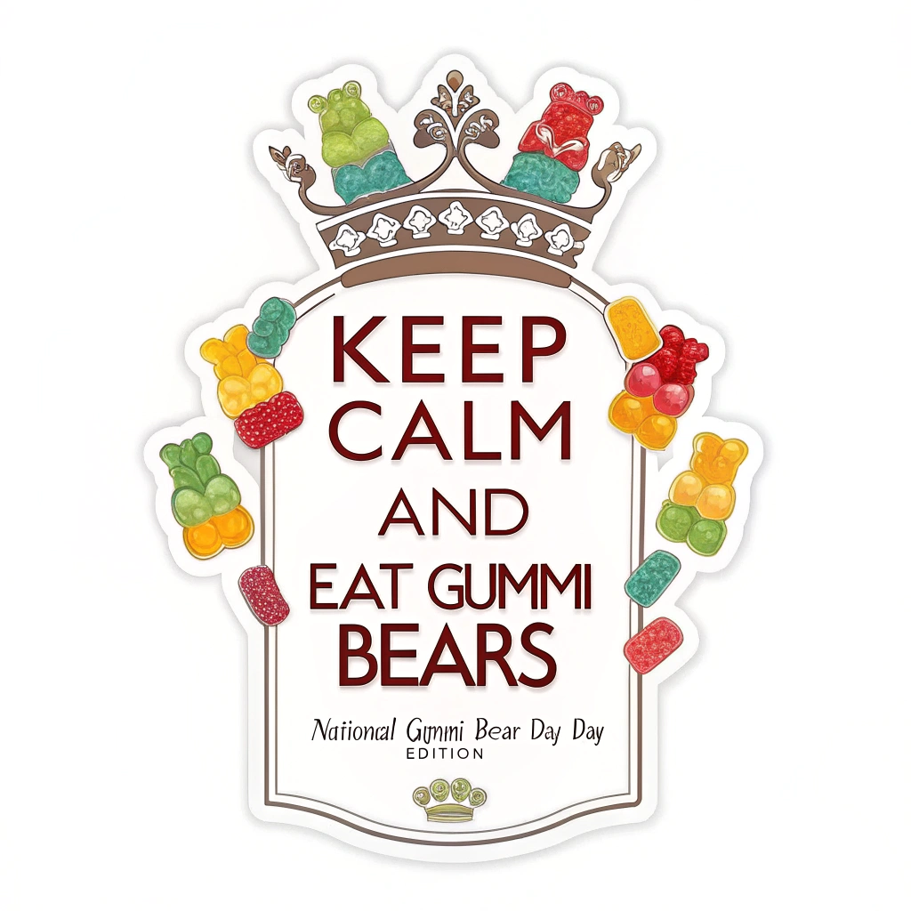 Sub-design: A 'Keep Calm' crown, with its points made of colorful gummi bears or adorned with them, positioned above the classic text 'KEEP CALM AND EAT GUMMI BEARS'. The phrase 'NATIONAL GUMMI BEAR DAY - DAY EDITION' is placed at the bottom. The background should be bright and sunny, perhaps a light yellow or sky blue, to emphasize the 'Day Edition'.