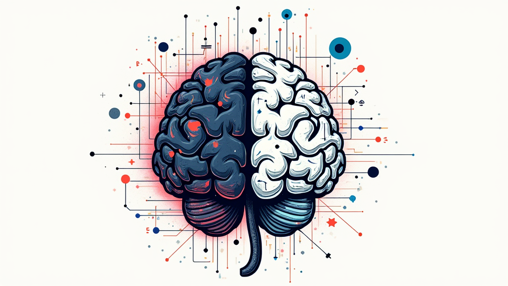 A design featuring a stylized brain, where one hemisphere is depicted with circuit patterns and pixels (representing digital learning) and the other with traditional book pages or pencil sketches (representing physical learning), visually 'blending' in the center.