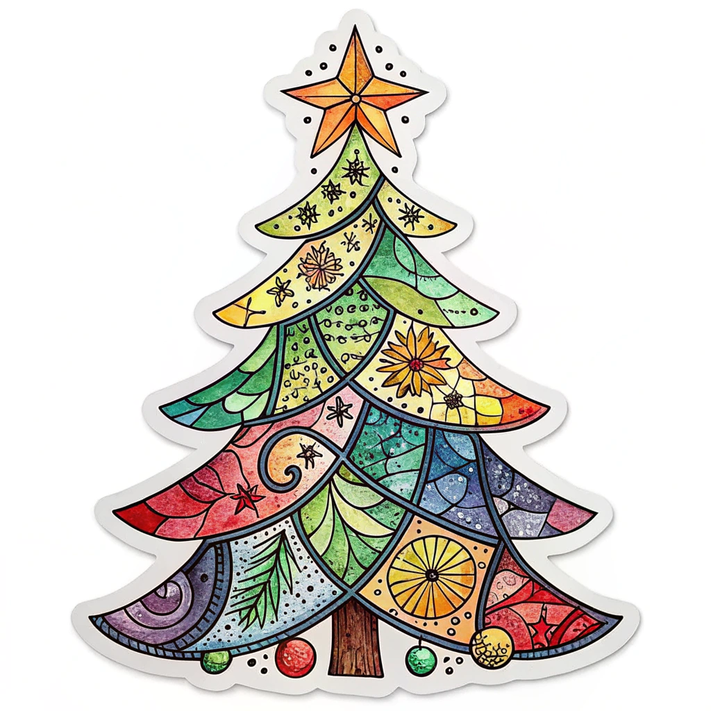 A stained-glass style Christmas tree sticker that mimics the multicolored shine of stained glass, perfect for windows or sunny spots to catch the light.